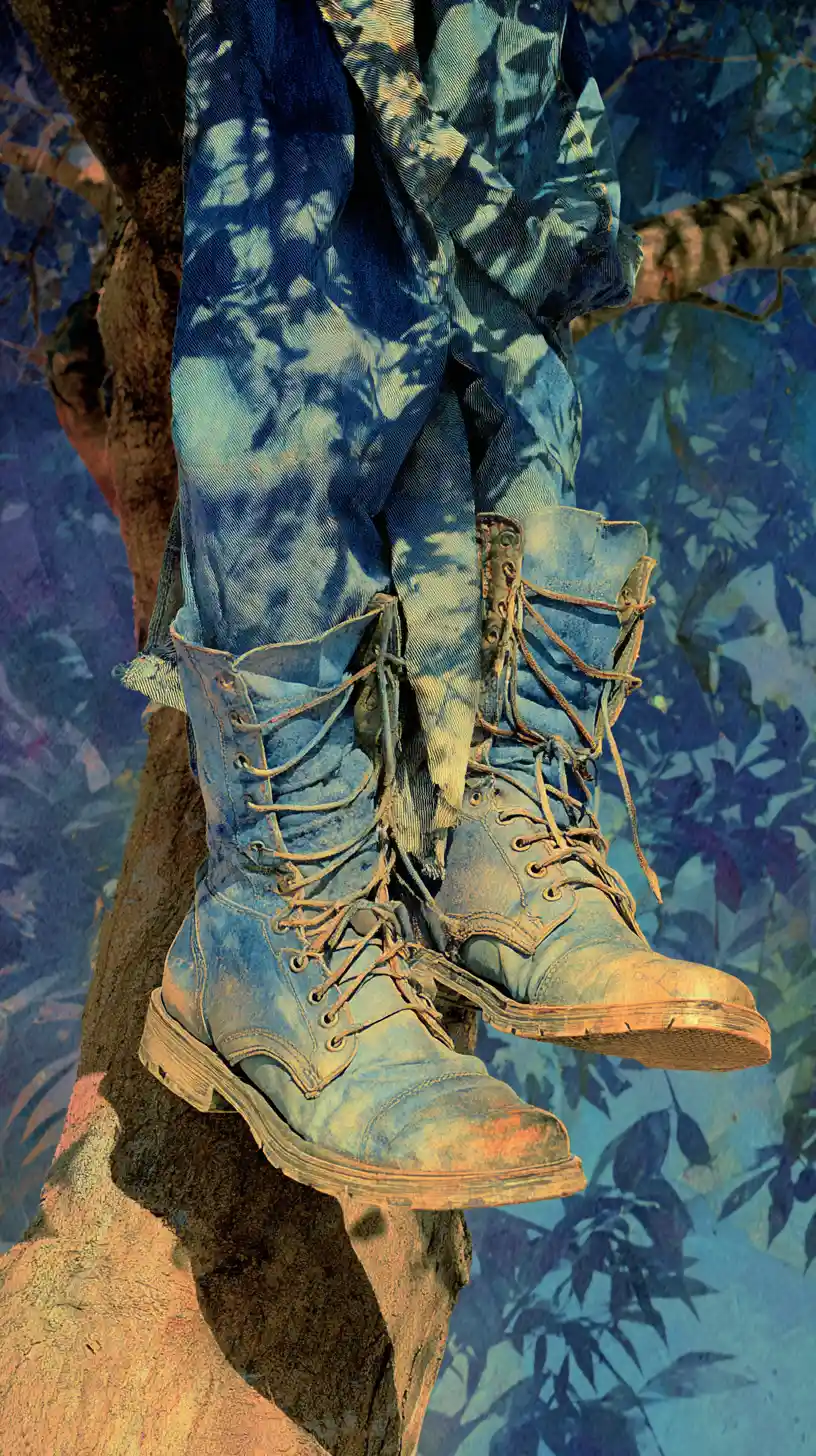 Neon boots hanging in a minimal abstract scene