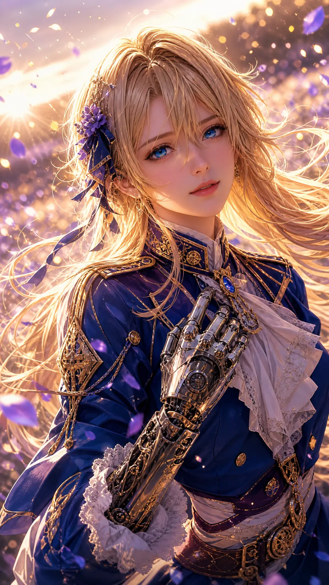 Blonde fantasy girl in blue uniform with robotic hand