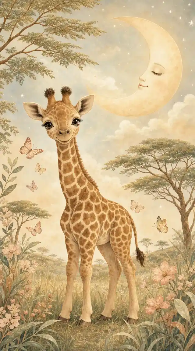 Sweet baby giraffe nursery illustration with moon and butterflies