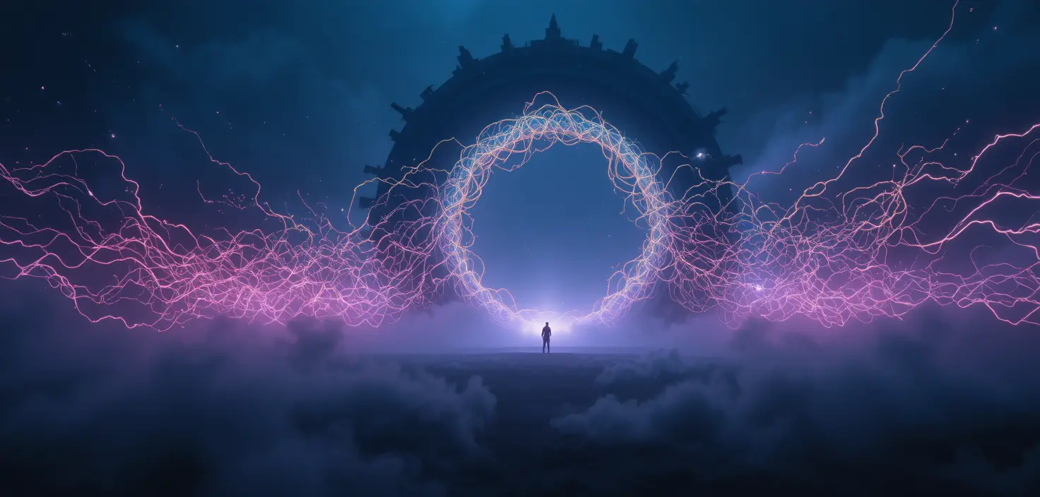 Surreal foggy landscape with colossal black circle and light tendrils