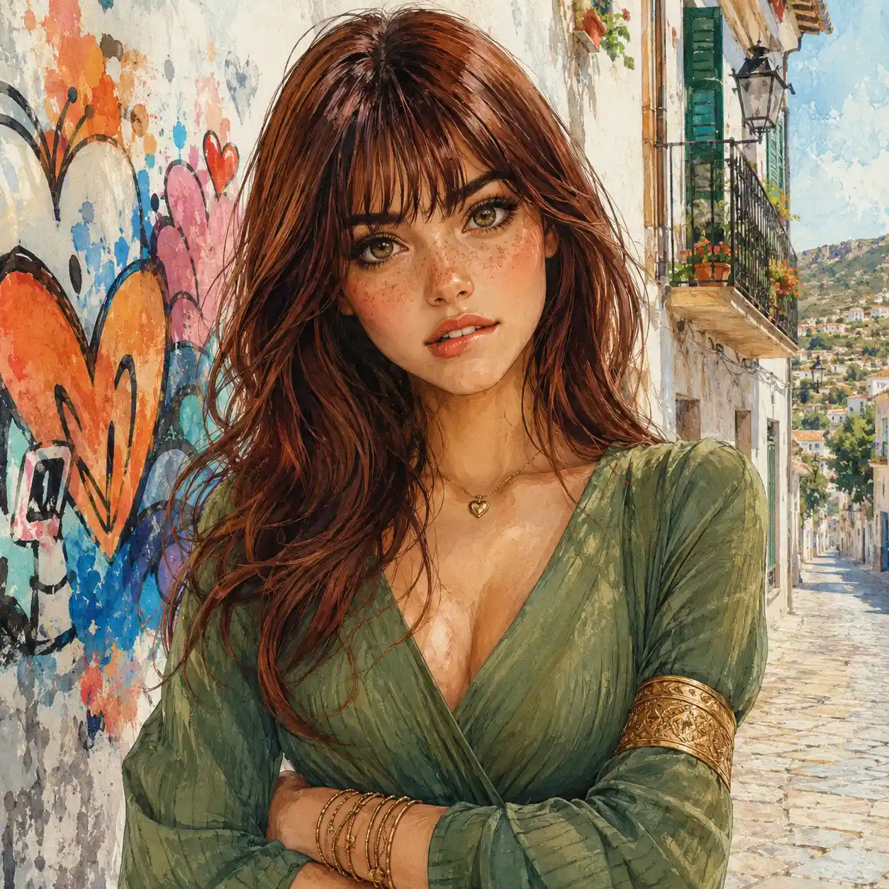 Curious young woman biting her lip on a quaint street