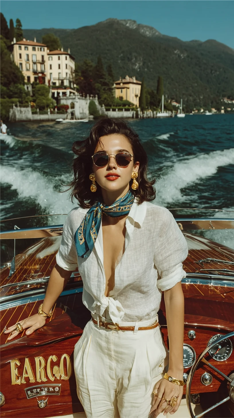 Elegante Frau steuert ein Vintage-Speedboot auf dem Comer See