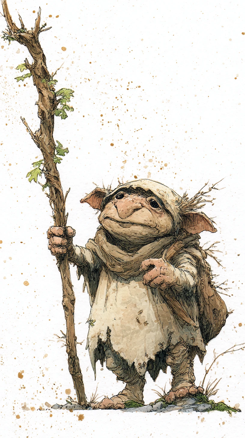 Whimsical gnome with living twig staff in watercolor ink