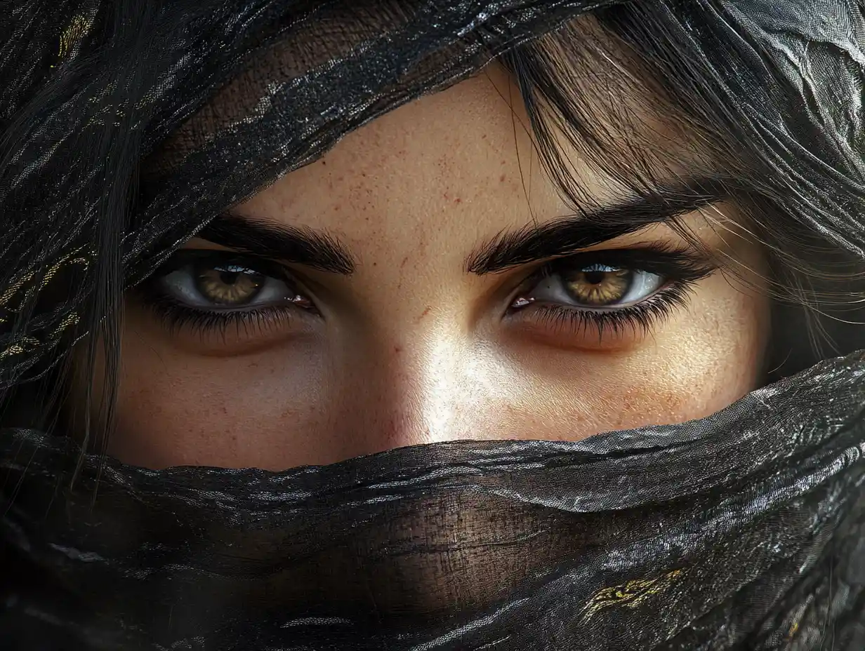 Veiled oriental woman in extreme close up with glowing palace
