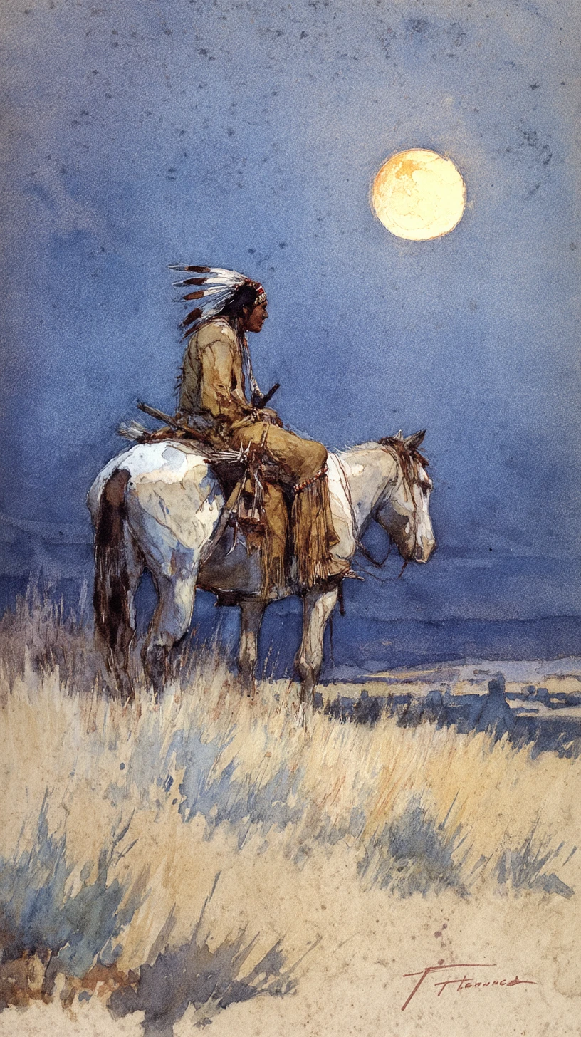 Native warrior on mustang under a full moon night sky