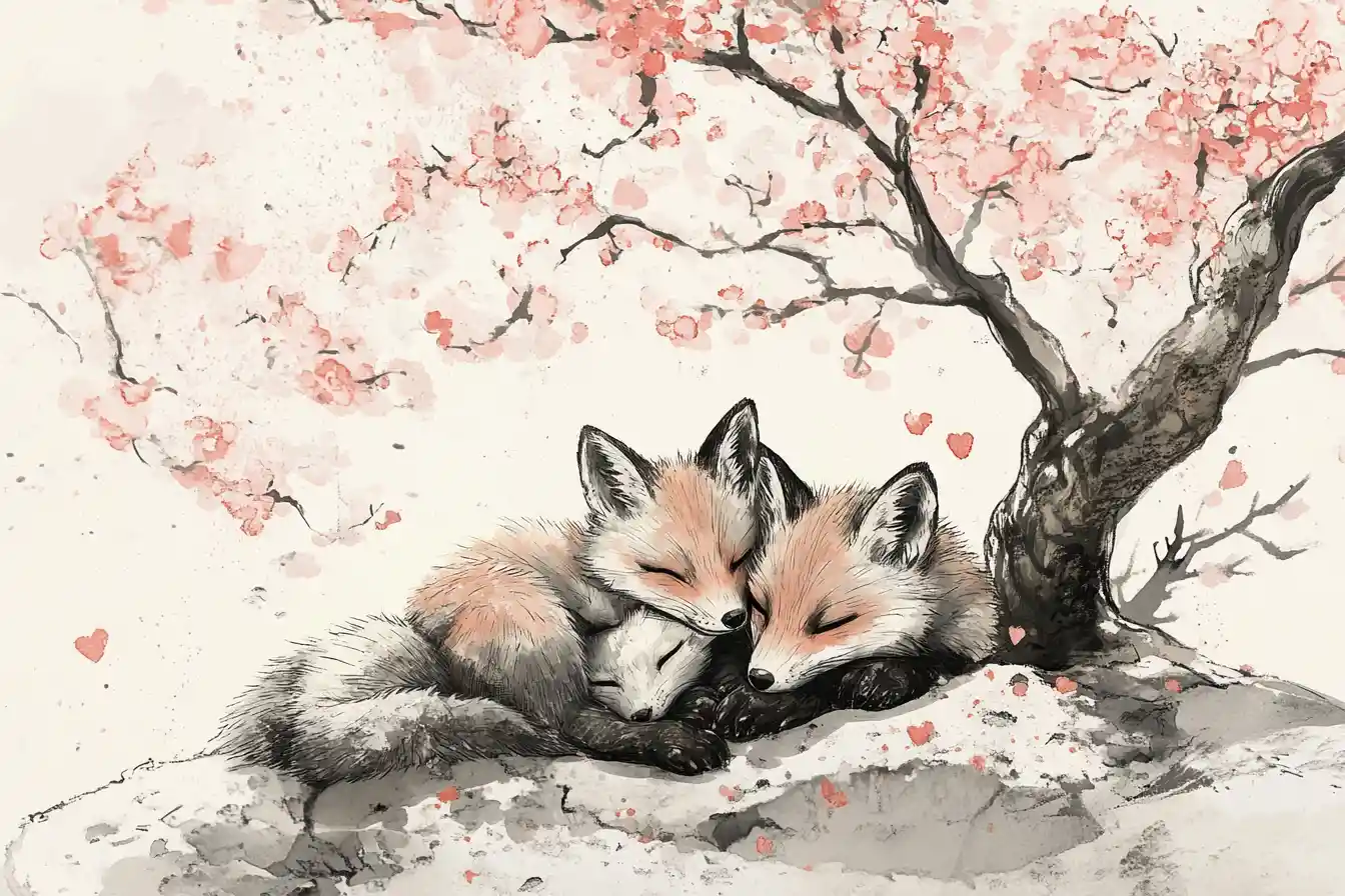 Ink Fox Kits Playing Under Spring Cherry Blossoms