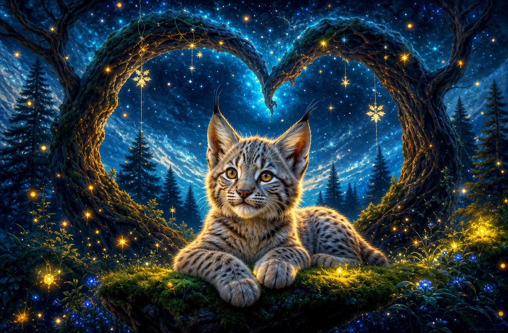 Baby lynx resting on glowing moss in fantasy forest
