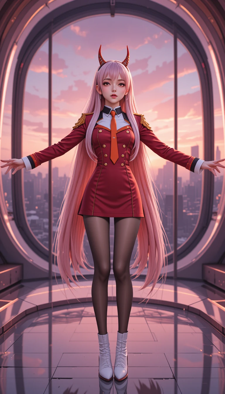 Anime girl in red uniform posing in futuristic interior