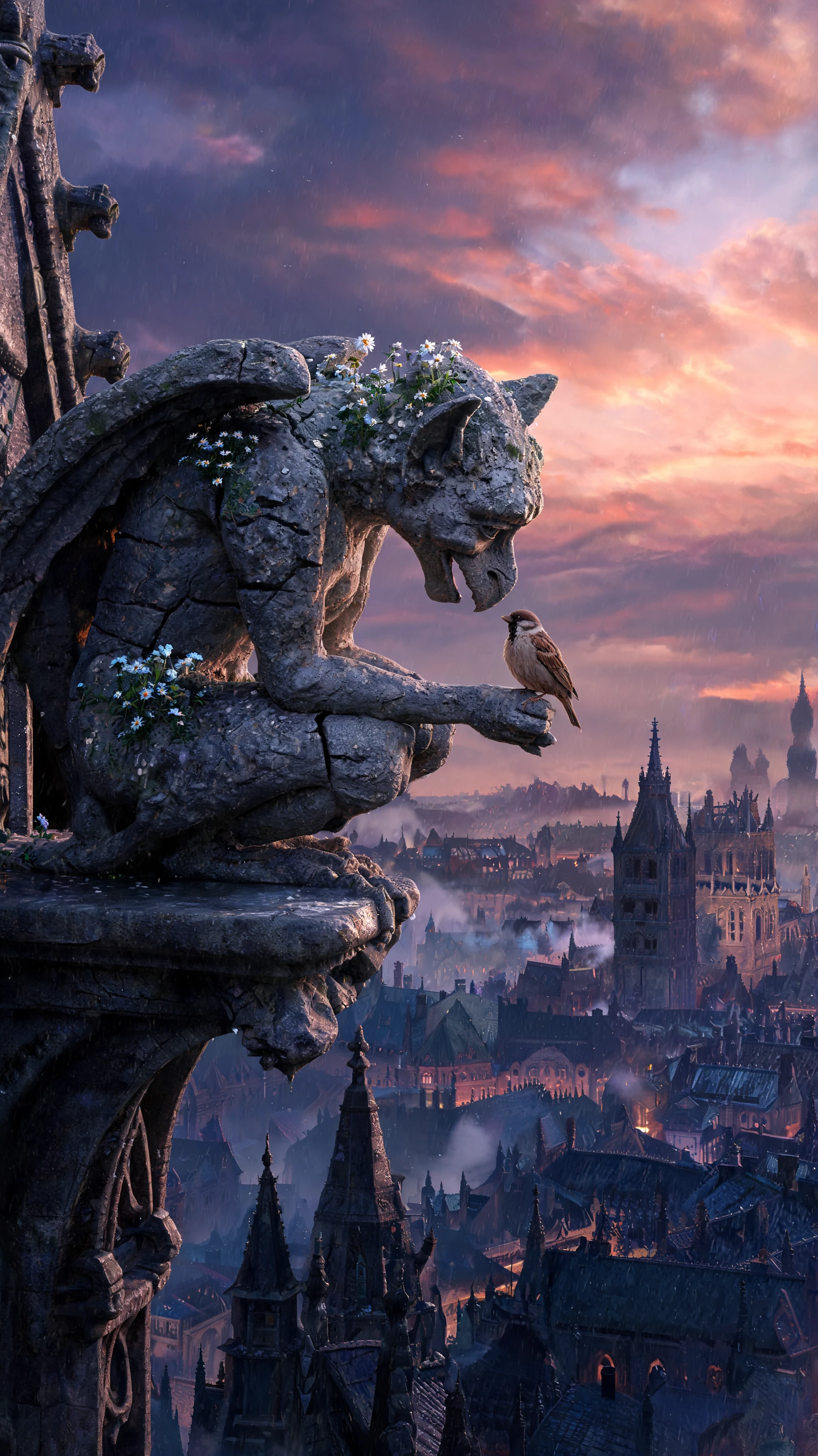 Gargoyle And Bird Overlooking A Rainy Gothic City