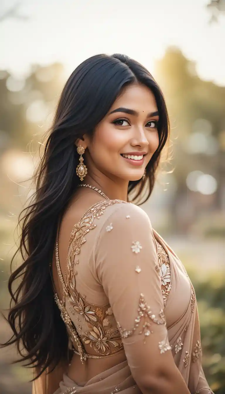 Elegant Indian woman with long dark hair and warm smile