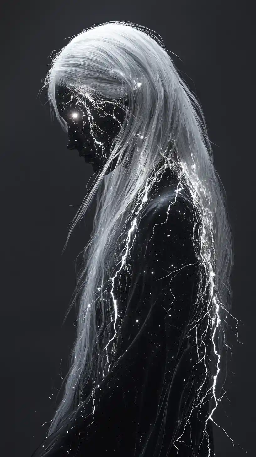 Celestial woman of obsidian stars in side profile