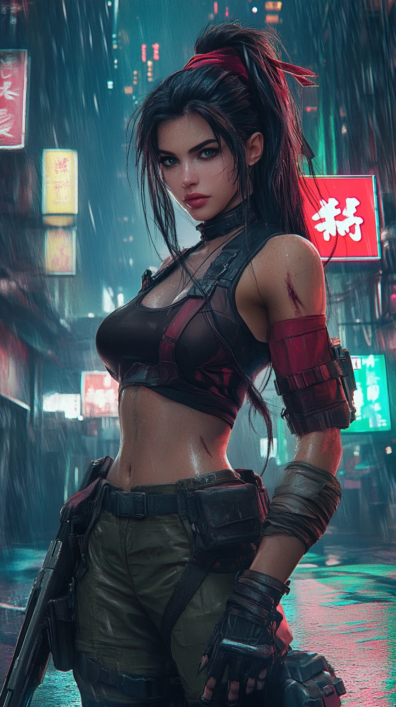 Cyberpunk warrior woman standing in rainy neon city street