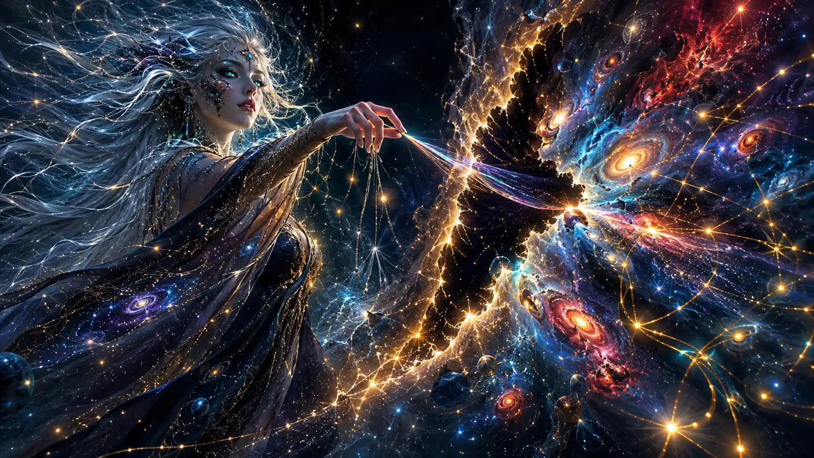 Ethereal woman unraveling a glowing thread of reality