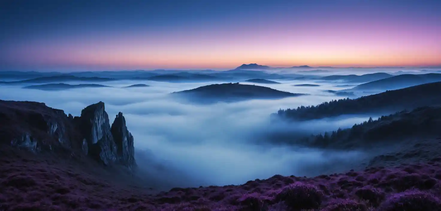 Paesaggio nebbioso surreale con colossale cerchio nero