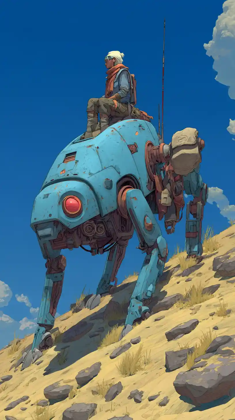 Lone scout riding robotic reptile across sunlit desert slope