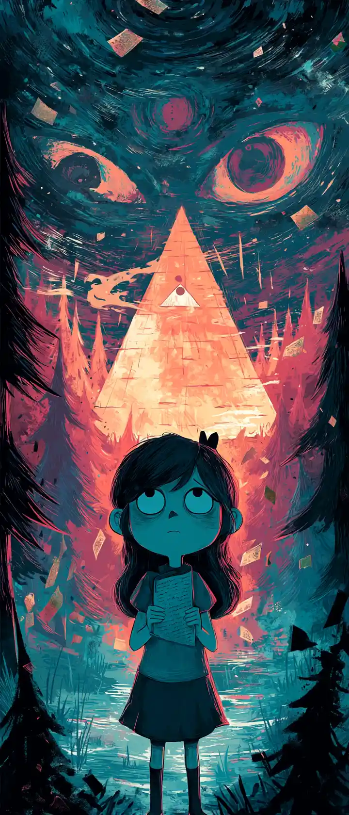 Anime girl at glowing forest anomaly clutching fading journal