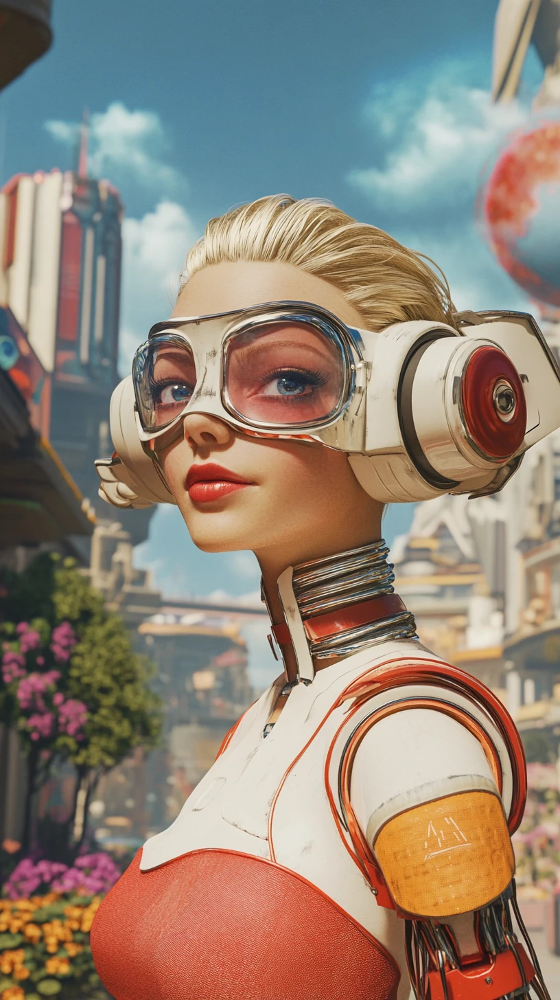 Mujer cíborg retrofuturista sonriente con pequeño droide