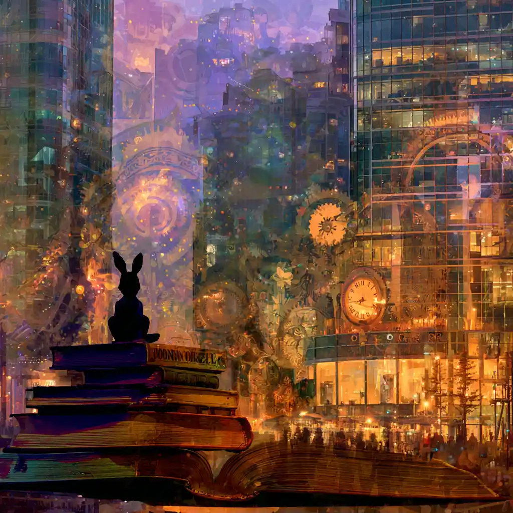 Surreal double exposure of steampunk girl emerging from storybook