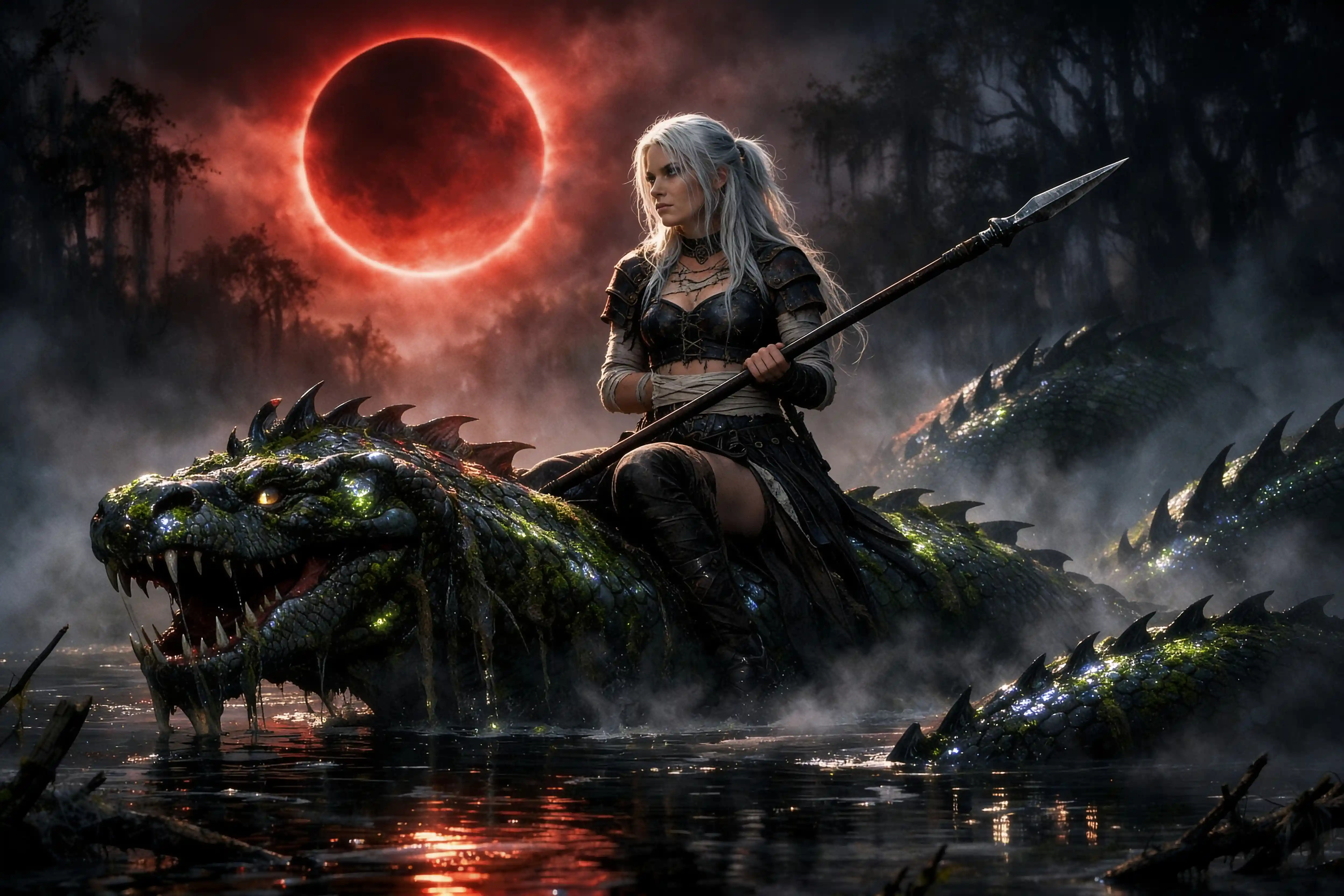 Warrior Riding A Sea Serpent Through A Misty Swamp