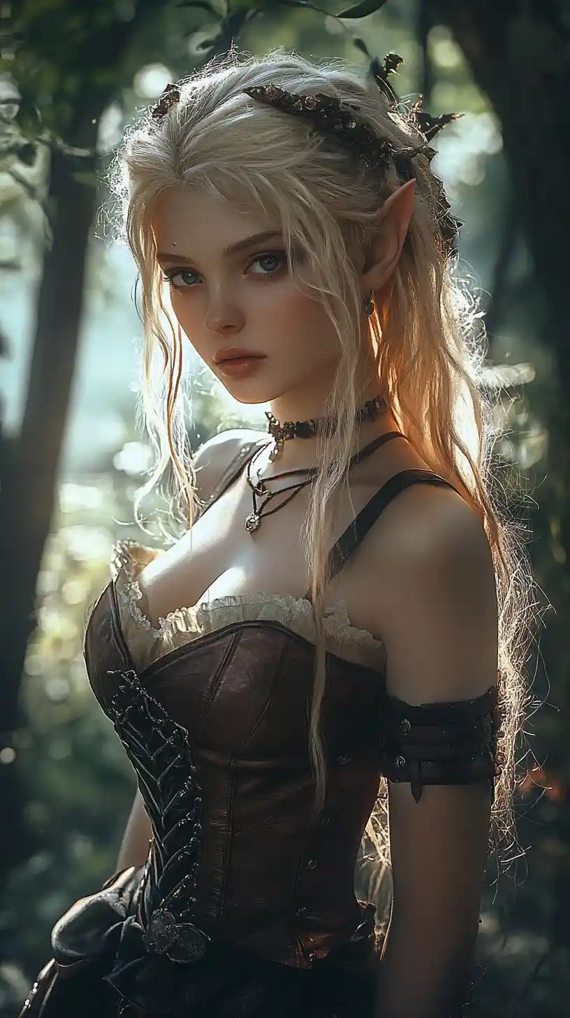 Elf maiden in moonlit mystical forest clearing