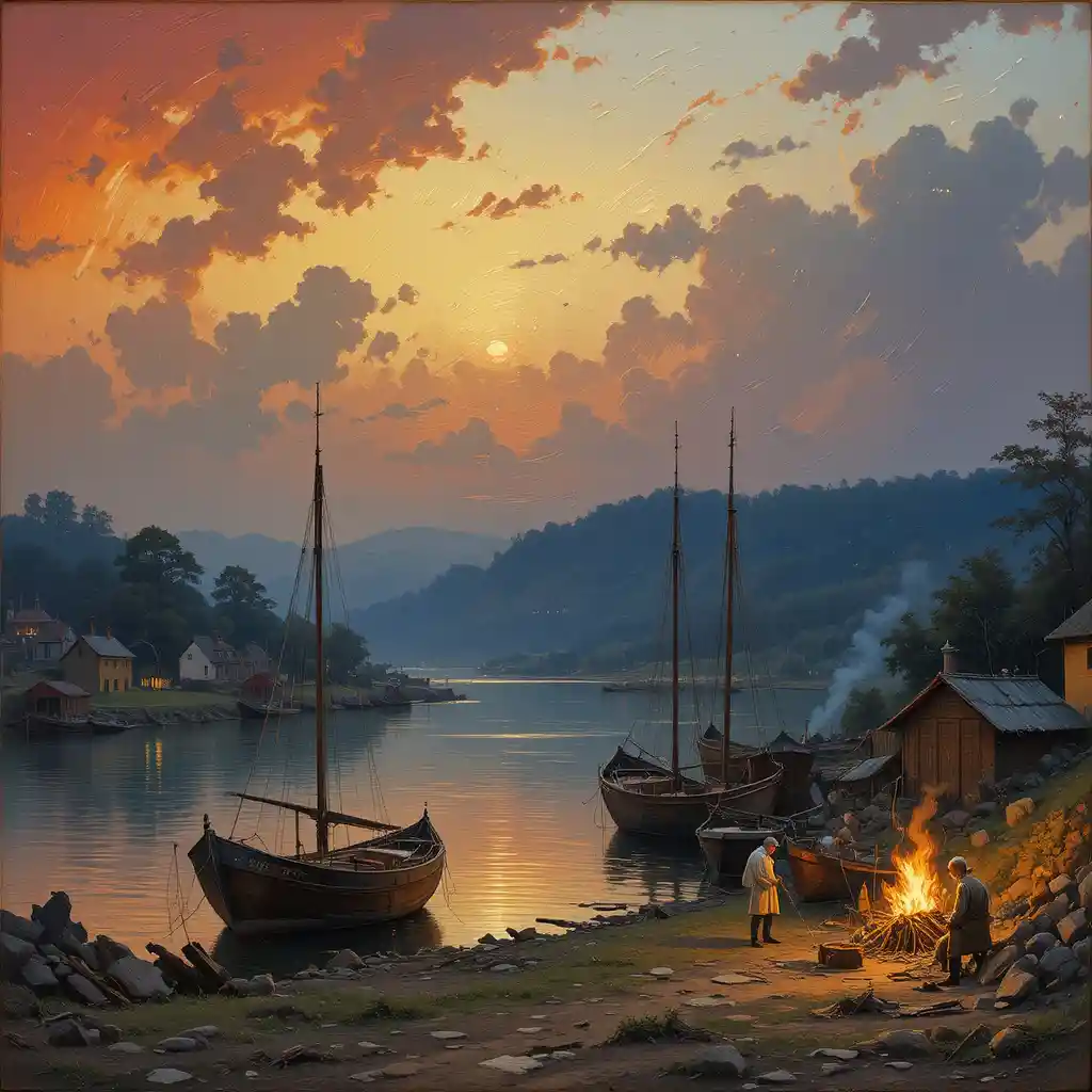 Fishing boats at sunset on a quiet river harbor