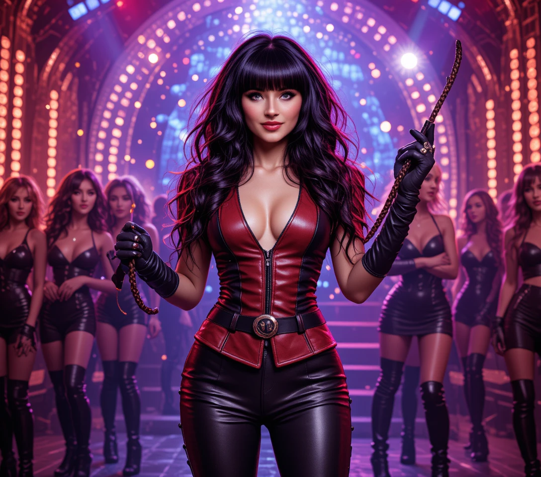 Dark leather clad woman on stage with long black hair