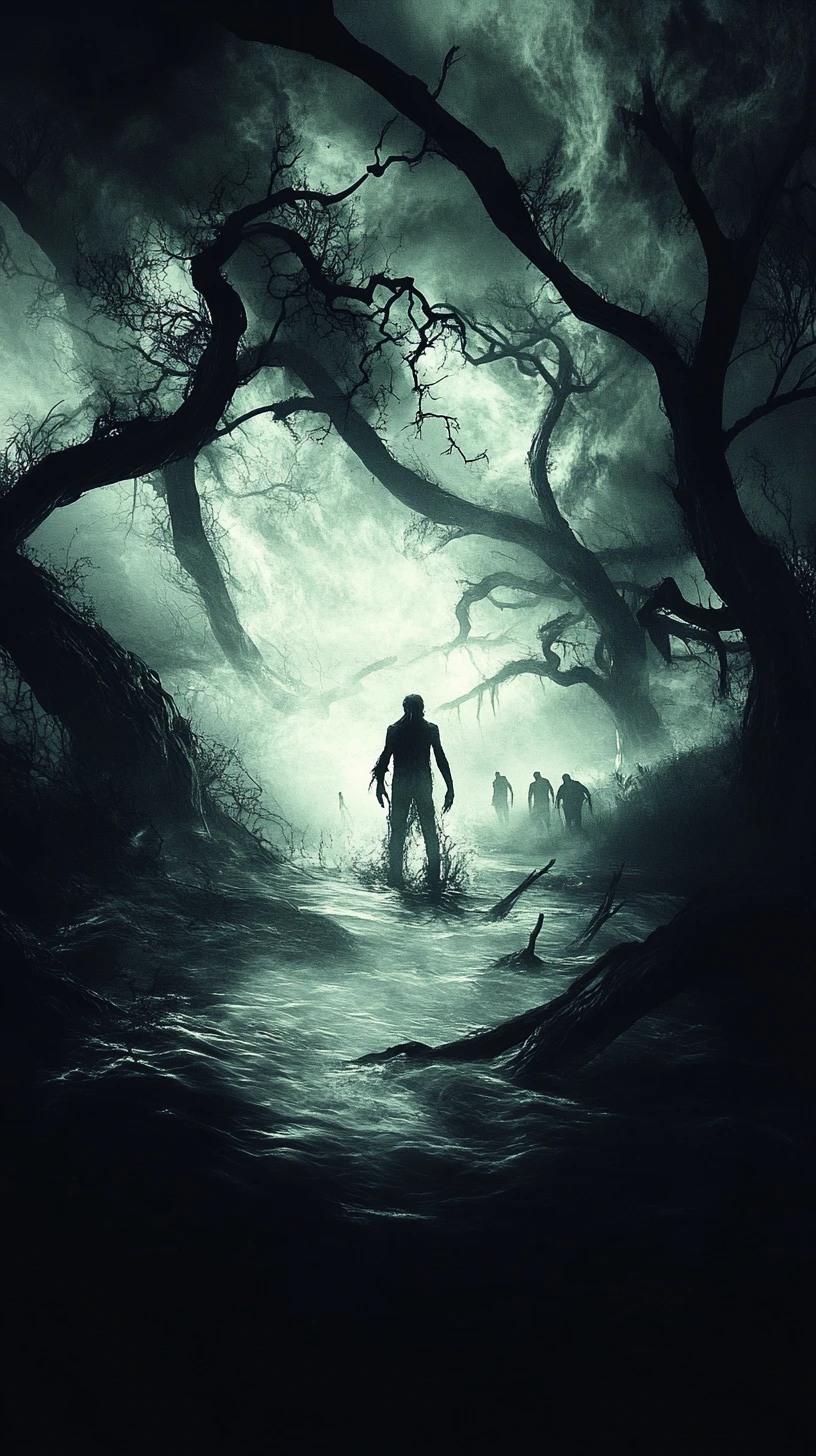 Ominous figure at the edge of a stormy dark lake