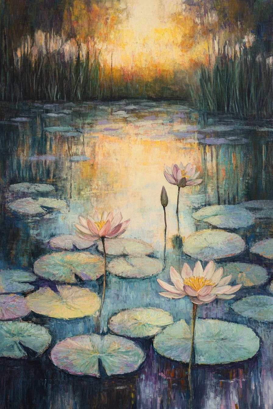 Serene impressionist water lilies at dawn on a pond