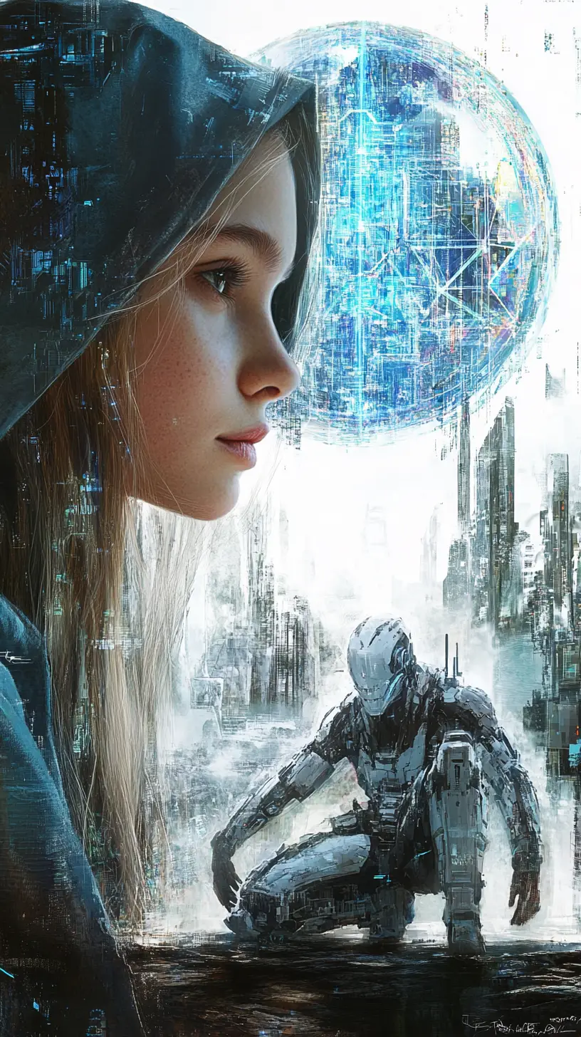 Young girl in profile with a glowing holographic sphere