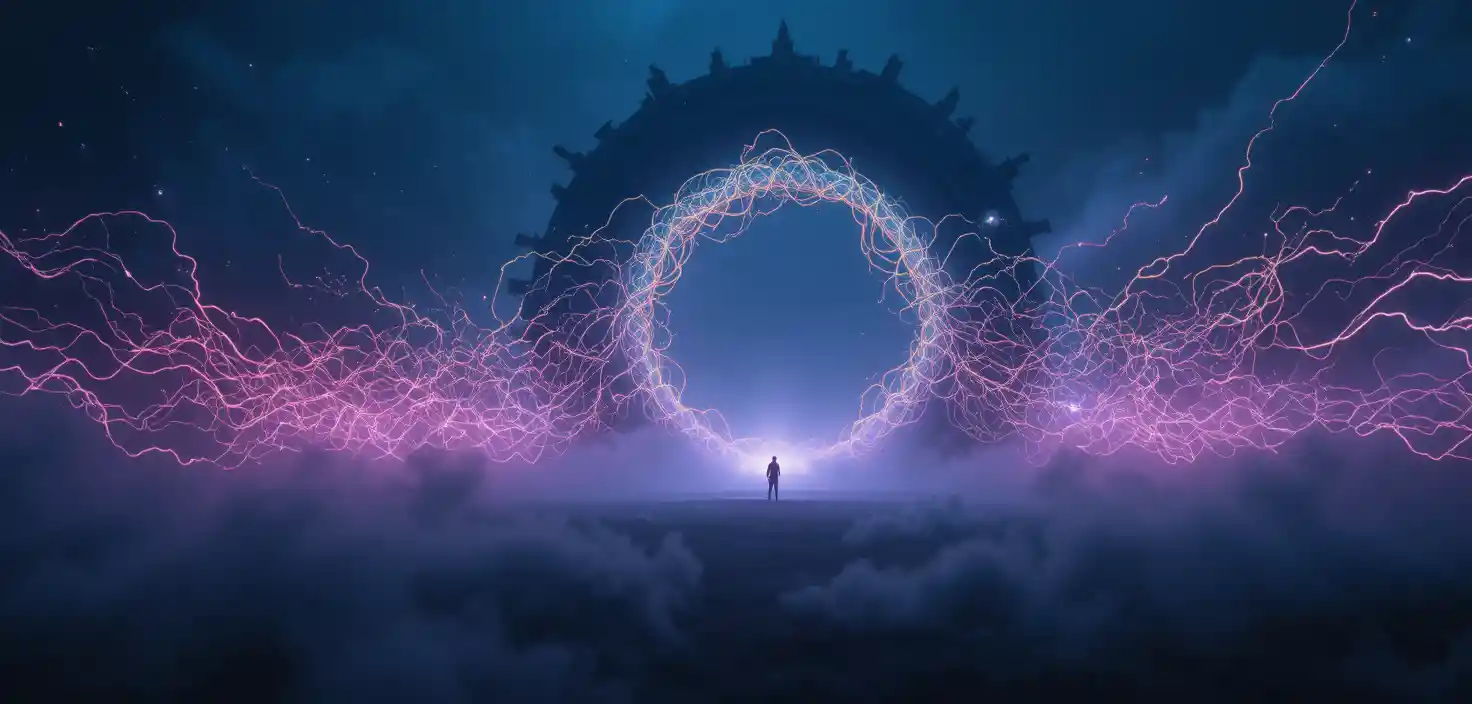 Surreal foggy landscape with colossal black circle and light tendrils