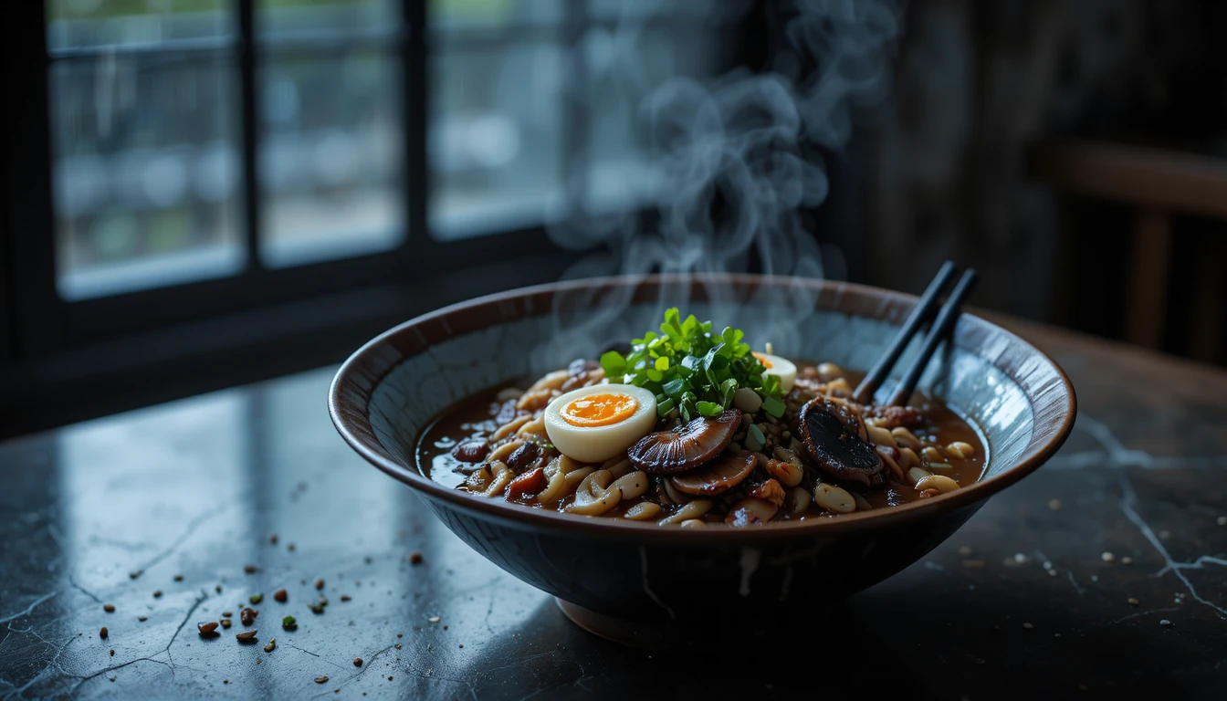 Moody black sesame ramen with eggs and mushrooms