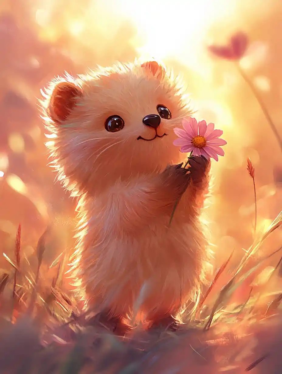Adorable chibi quokka with daisy in warm sunset glow