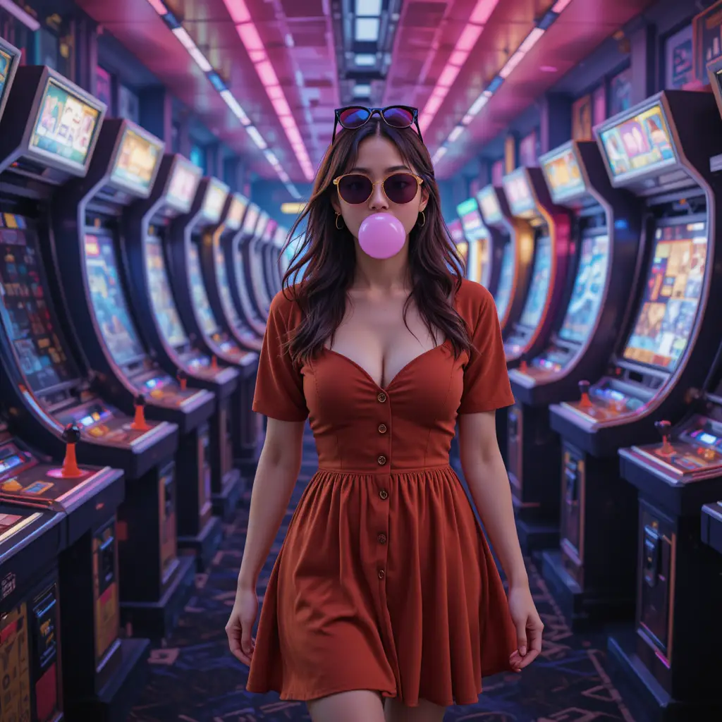 Korean college girl walking through neon arcade corridor