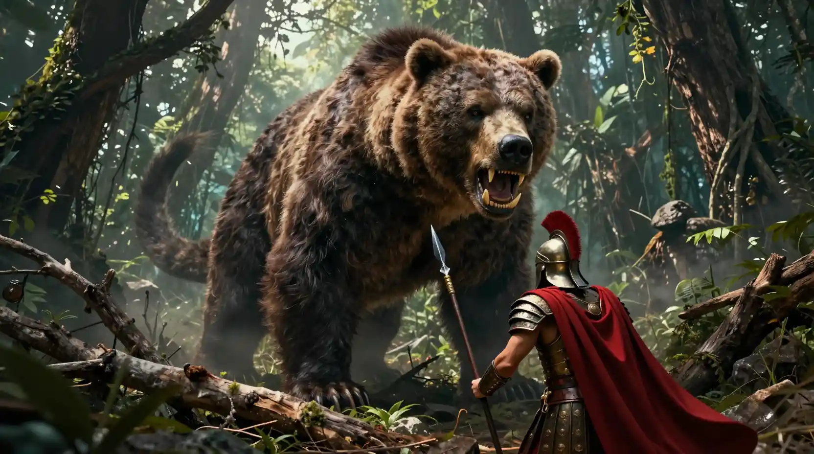 Prehistoric jungle beast confronting a lone Spartan warrior