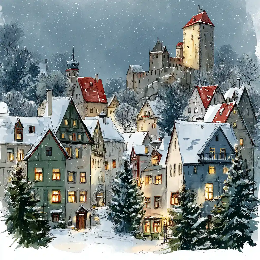 Gemütliches Winterdorf mit Burgen und schneebedeckten Dächern