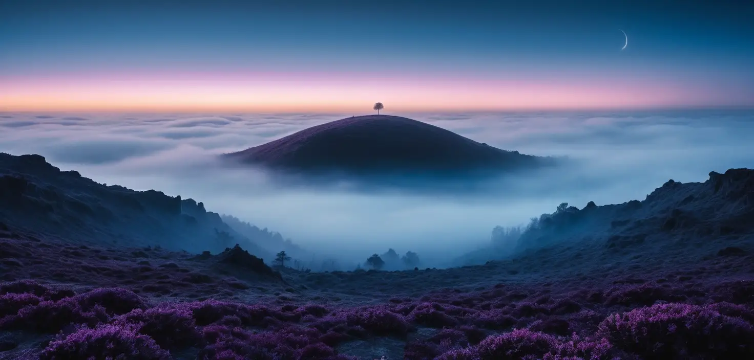 Surreal foggy landscape with colossal black circle at blue hour
