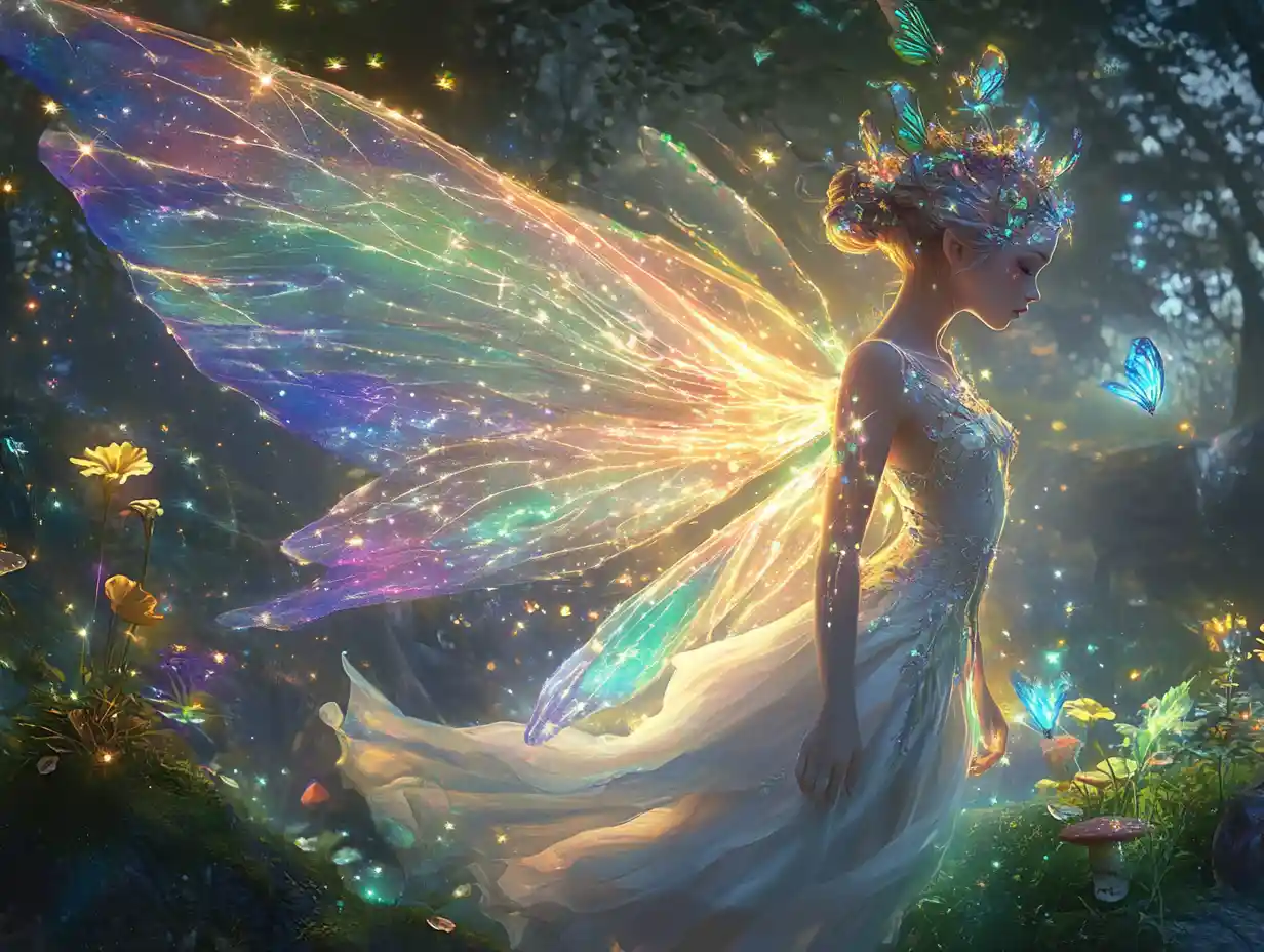 Whimsical Rainbow Fairy In A Glowing Enchanted Forest