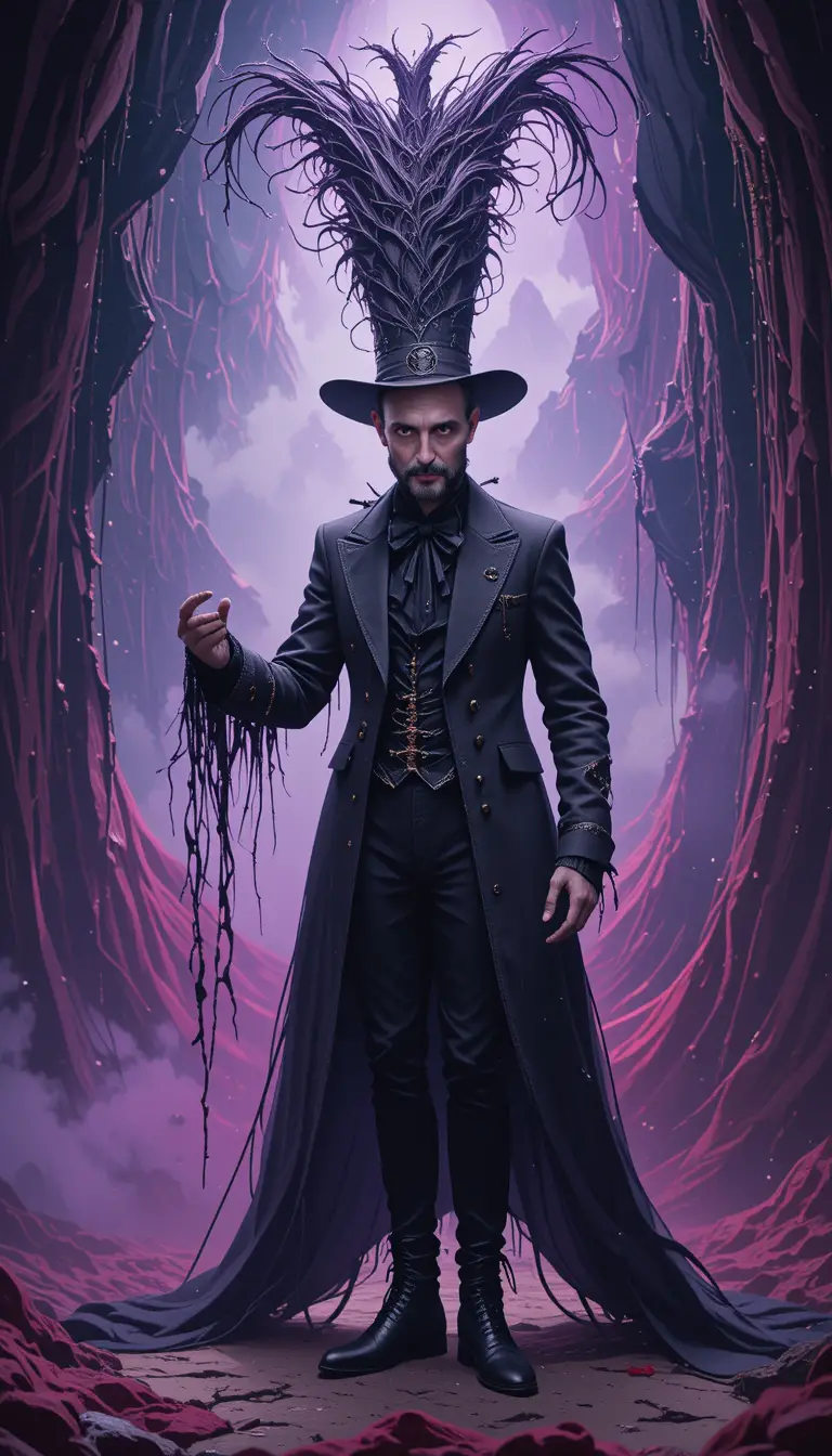 Creepy Ringmaster In Black And Purple On Center Stage