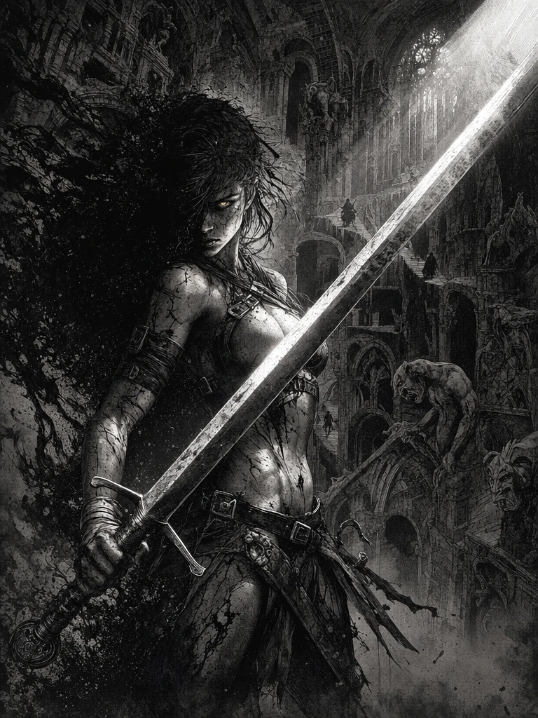 Female warrior emerging from void in gothic cathedral