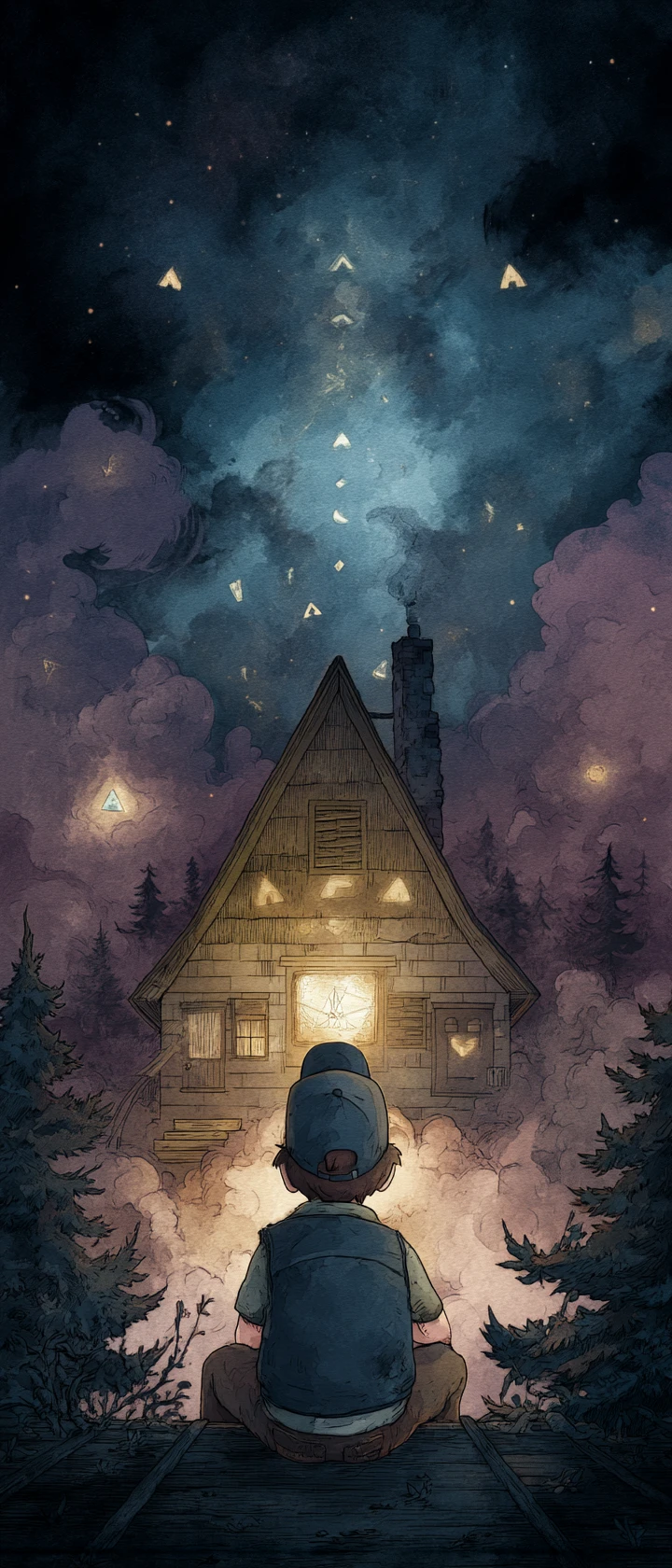 Sad anime boy on a rooftop as glowing runes drift away