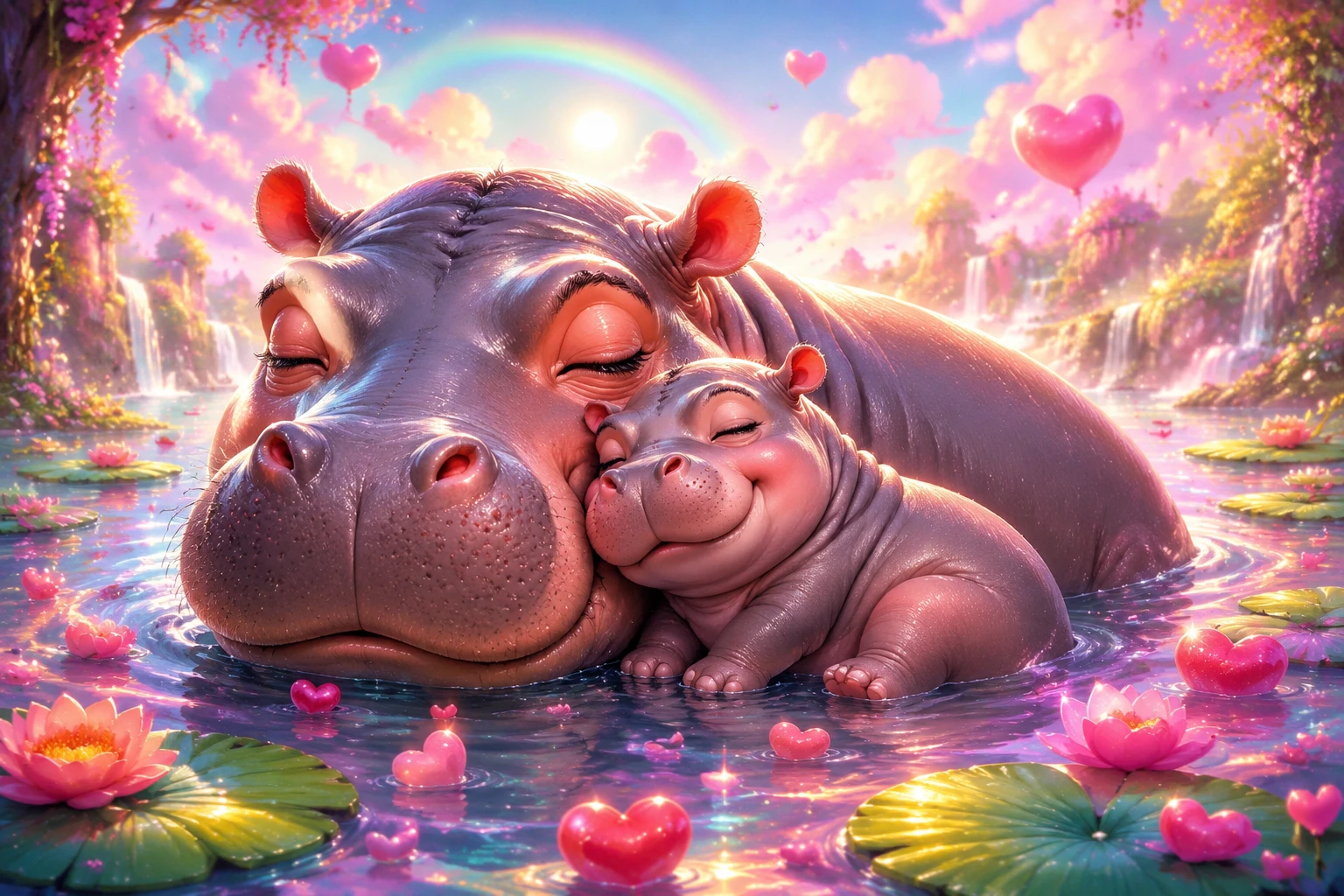 Cute baby hippo cuddling beside its mother in pastel river