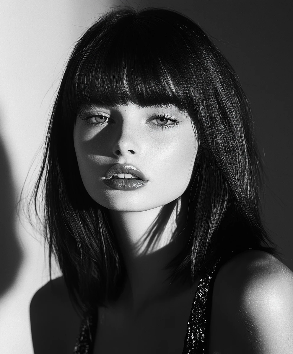 Retrato glamuroso de una joven supermodelo con corte de cabello largo y elegante