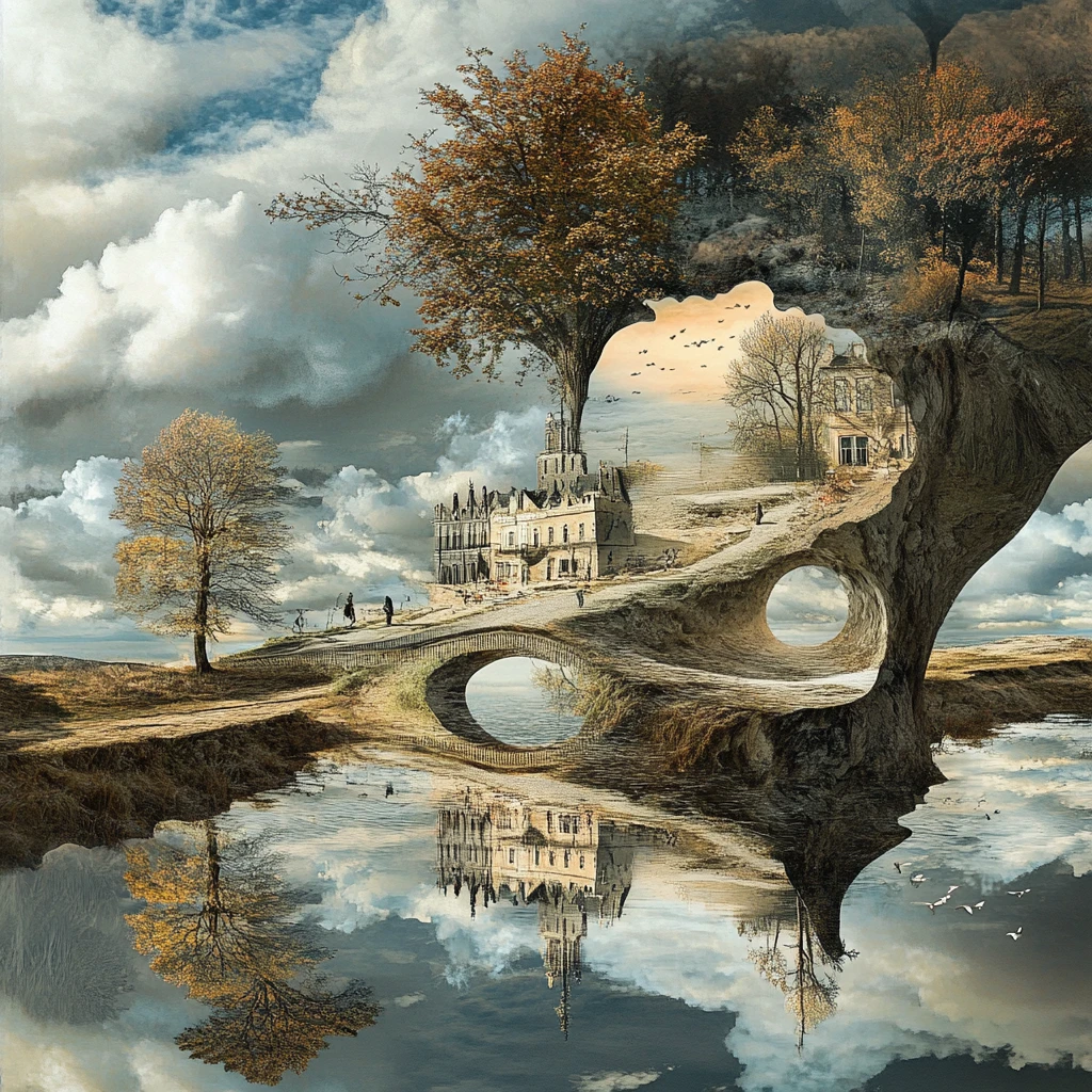 Arte de ilusión surrealista con múltiples imágenes en una sola escena