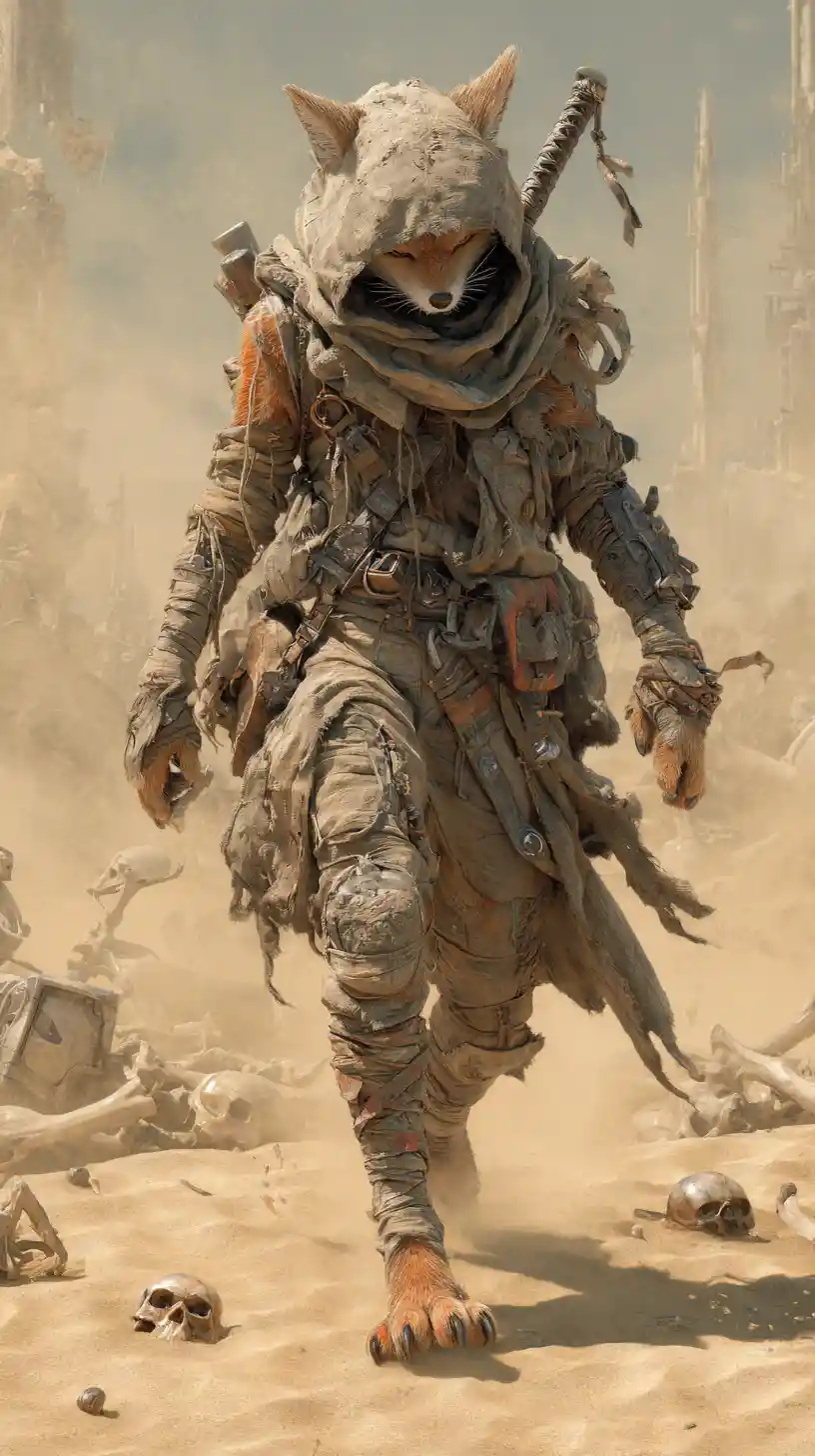 Anthropomorphic desert fox walking through a violent sandstorm