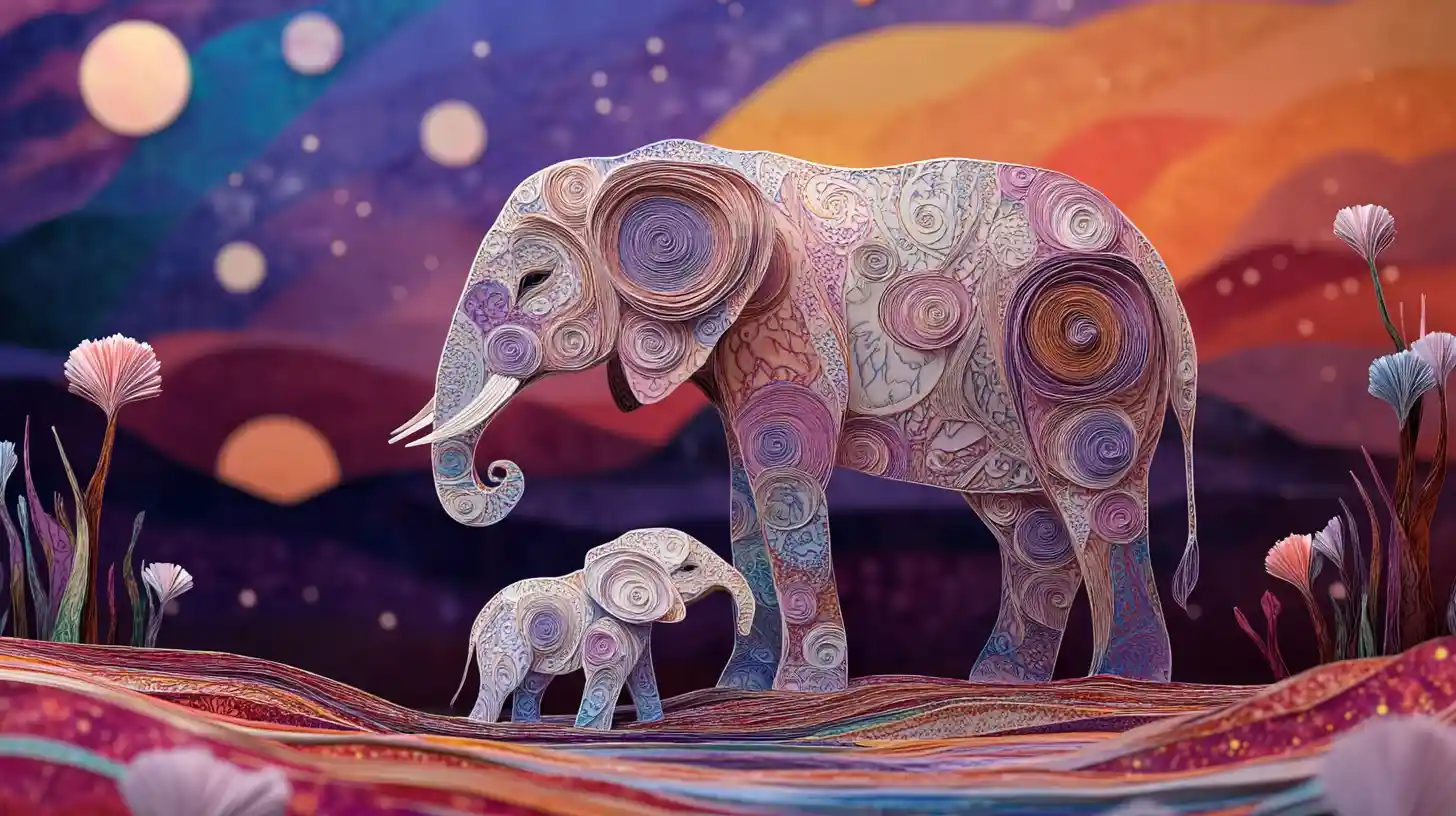 Mother elephant sheltering her newborn calf in paper dreamscape