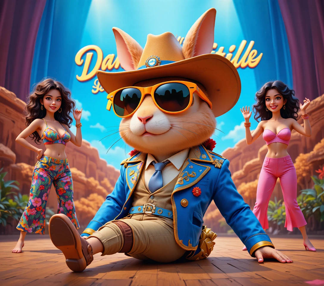 Cartoon rabbit in flashy blazer relaxing on stage