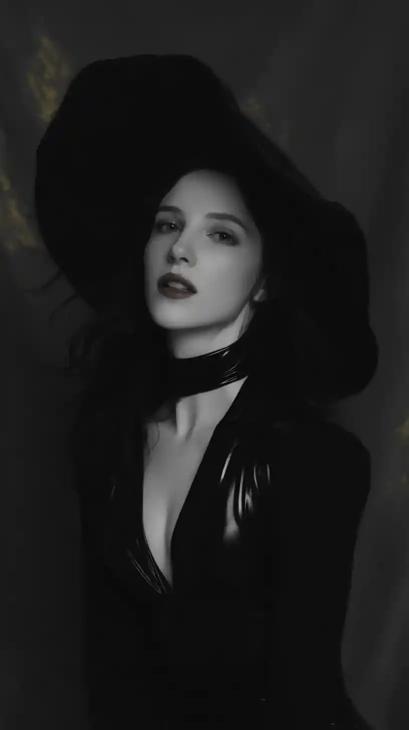Alluring woman in black hat in dramatic monochrome portrait