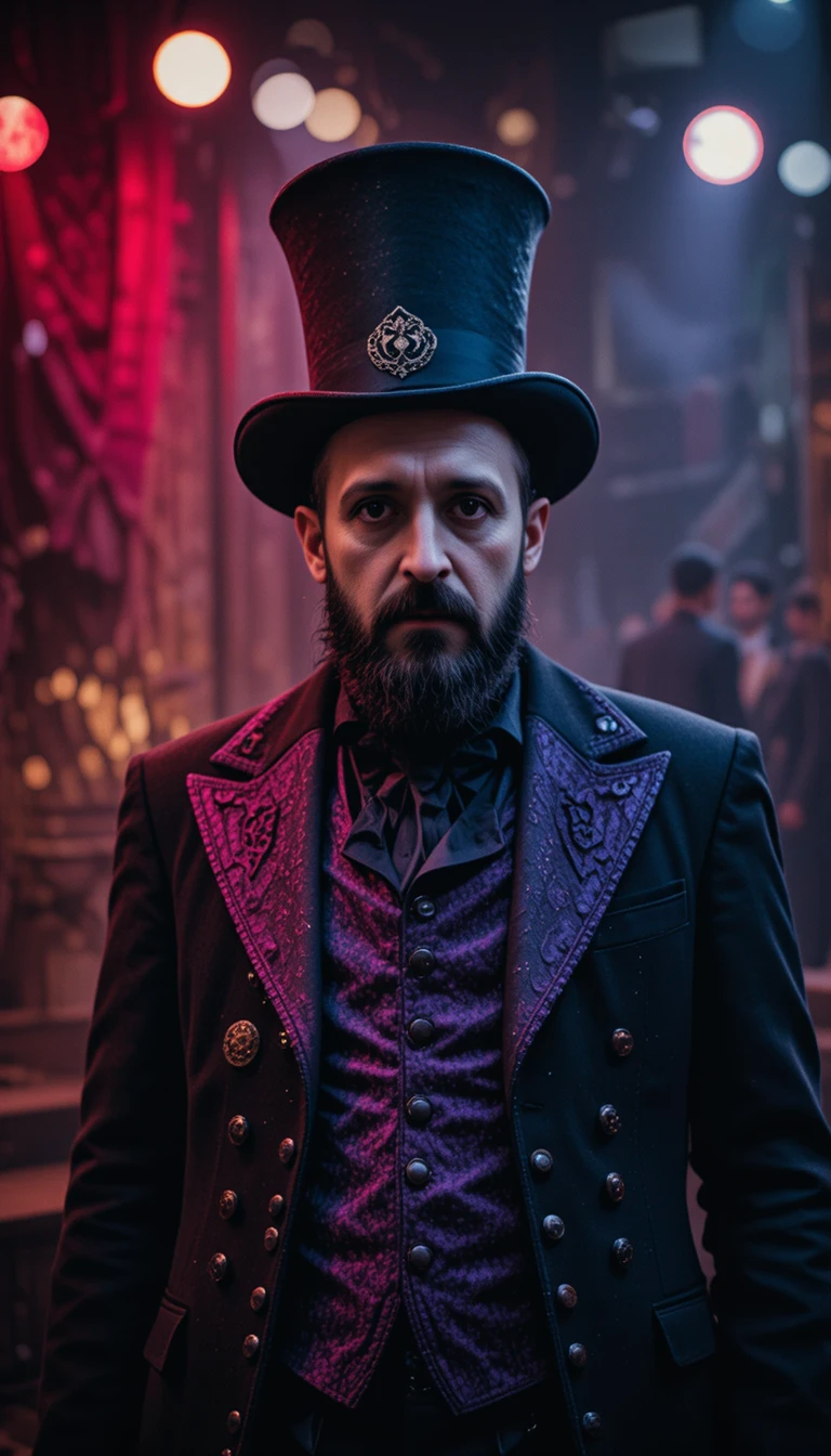 Creepy ringmaster in black and purple on center stage