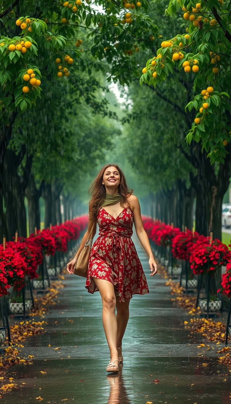 Joyful woman walking through a rainy summer city park