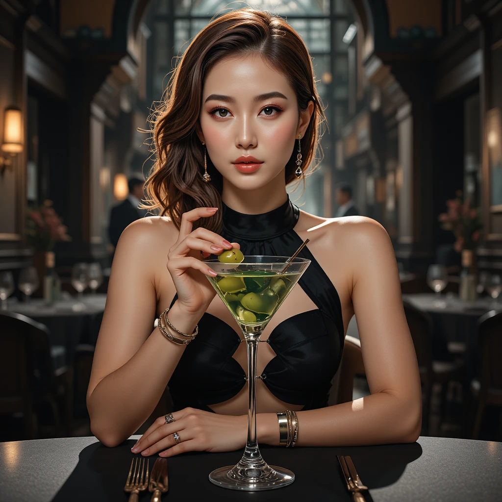 Confident Korean freshman with martini in a dark restaurant